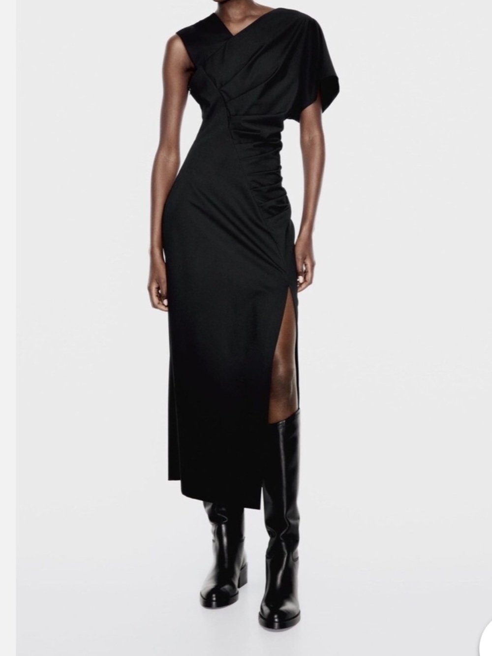 NWT ZARA DRAPED SHEATH ELEGANT DRESS One-Shoulder Black Midi Size M